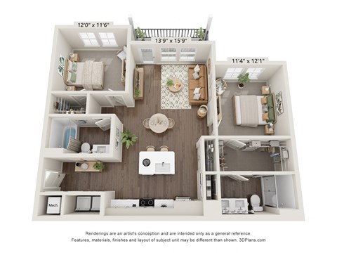 Floor plan for 2 beds, 2 baths, 1021 sqft
